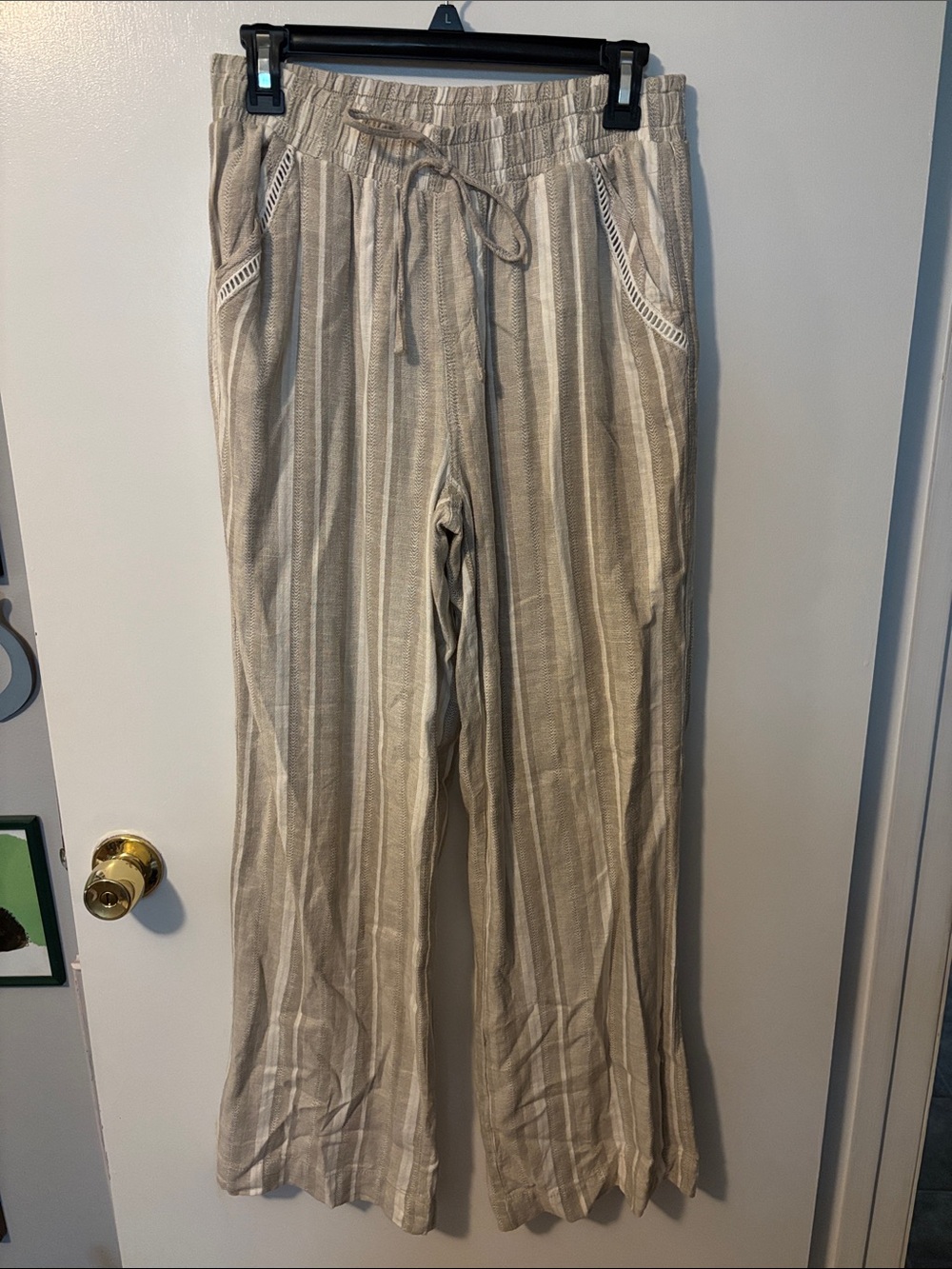 Coastal Autumnal Casual Drawstring Linen-Blend Women’s Pants Striped Small